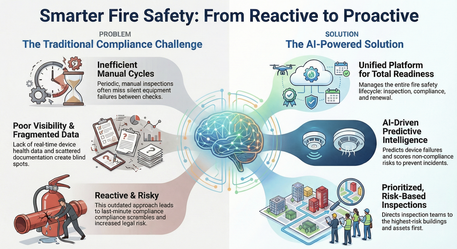Fire Safety Infographic - From Reactive to Proactive showing traditional challenges vs AI-powered solutions